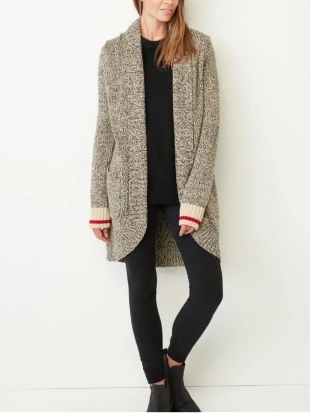 Roots Cabin Cotton Open Front Long Cardigan Sweater Coat Grey Oat Mix S